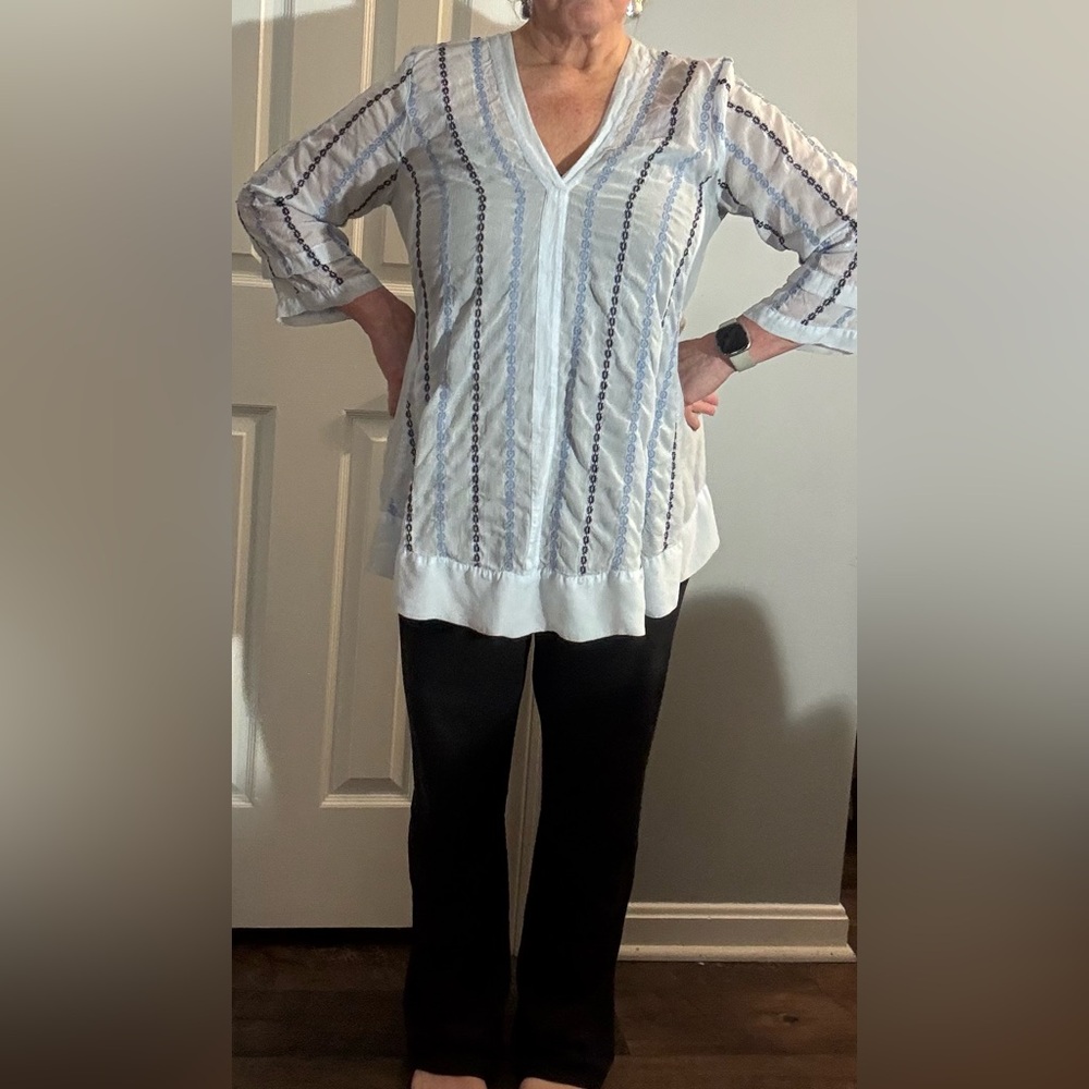 J. Jill Women’s Tunic Blouse V-Neck 3/4 Sleeve Geometric Print Blue Size Large - Picture 11 of 13